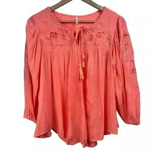 Passport Peach Flowy Floral Embroidered Boho Top